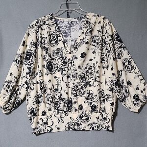ROYALTY FOR ME Women's Floral Print V-Neck Cream & Black Blouse - Size Large